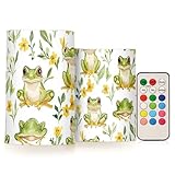 Grüner Frosch Aquarell Gelbe Blume Flammenlose Stumpenkerze flammenlose Kerze Laterne mit Timer für Tisch 10,2 cm 12,7 cm 2 Stück