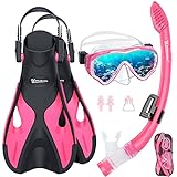 UPhitnis Schnorchelset Kinder mit Flossen,Anti-Fog 180°Panorama Taucherbrille Kinder, Verstellbaren Schwimmflossen und Premium Dry Schnorchel,3 in 1 Schnorcheln Set für Kinder mit Tragetasche