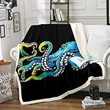 Oktopus-Sherpa-Decke, Cartoon-Blau, Tentakel, Fleece-Überwurfdecke für Kinder, Jungen, Mädchen, Ozeanleben, Plüschdecke, Aquarelldruck, flauschige Decke für Sofa, Bett, Couch, Doppelbett, 152,4 x