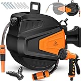 KESSER® Schlauchtrommel Wasser 30+2m Schlauchaufroller Inkl. 2-Wege-Verteiler + Multi-Handbrause Wasserschlauchtrommel Automatik | 180° Schwenkbar | Wandhalterung | Gartenschlauch | Orange