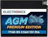 Electronicx AGM Premium Edition YT4B-BS Motorradbatterie – 12V 2,5Ah 25A. Kompakte, versiegelte Starterbatterie, auslaufsicher und wartungsfrei. Ideal für Roller, Motorräder, Quads.