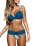 Dokotoo Damen Bikini Set Sexy Push Up Badeanzug Zweiteilige Bademode Swimsuit Grün Blumen, L