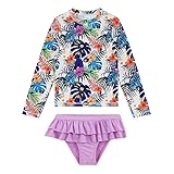 upandfast Madeanzüge für Mädchen Langärmlige 2-Teiliges Set Sonnenschutz-Surfbekleidung(Lila Blumen,6 Jahre)