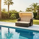 Mucola Strandkorb Polyrattan mit Dach Braun/Beige – 2-Sitzer Sonnenbett wetterfest, verstellbare Rückenlehne & Fußbank, klappbarer Tisch, UV-beständige Kissen, Gartenliege Balkon Lounge Relaxliege