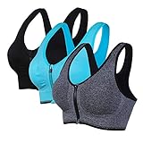 Vertvie Damen Zip Front Sport BH Vorderverschluss Push Up Ohne Bügel Bustier Running Bra Ringerrücken Strech Gepolstert Bralette für Fitness Yoga(Scwarz+grau+hellblau,XL)