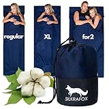 Silkrafox Cotton XL extra großer Hüttenschlafsack Baumwolle mit Reißverschluss und Kissen Fach Leichter Sommer Schlafsack Inlett Inlay Reise Innenschlafsack klein dünn Ultra leicht mit Tasche blau