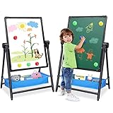 Arkyomi Kinder Tafel Staffelei Metall Kindertafel Doppelseitige Whiteboard Und Kreidetafel Höhenverstellbar Standtafel mit Zubehör(Schwarz 2)