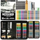 Zenacolor 74-teiliges professionelles Zeichenstifte Set, Federmappe mit 24 Wasserfarb-Malstiften, 12 Buntstifte, 12 metallische Malstifte, 12 Bleistifte und Zubehör - 1 Skizzenbuch