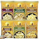 Set 6x Conimex Kroepoek 75g / 73g I gewürztes Krabbenbrot aus den Niederlanden I Krupuk I Naturel, Saté, Cassave, Java, Bali, Jakarta I Chips I SnacksI Krabbenchips I Cracker I Holland-Box by Vriens