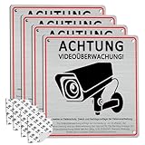 Videoüberwachung Schild, 4 Stück Alu Videoüberwachung Sicherheitsschilder (15x15cm), Selbstklebend und 4 Bohrlöcher, Warnschild Kamera Überwachung, für Privatgrundstück