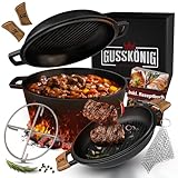 GUSSKÖNIG Dutch Oven - 2in1 Eingebrannter Gusseisen Topf 4,8L & Gusspfanne 1,8L - Dutch Oven Set mit Schmortopf Doppelfunktion - inkl. Kochbuch & Zubehör für BBQ, Camping & Küche