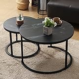 BIGTREE Couchtisch Rund, Satztisch 2er Set, Wohnzimmertisch Modern, Größe: 70x70x45cm, 50 x50x40cm,Beistelltisch Set aus Holz mit Metallgestell für Wohnzimmer Balkon Büro (Schwarz)