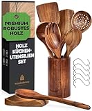 Holz Kochbesteck-Set mit Halter, Pfannenwender Kochlöffel Schöpfkelle Nudelheber Servierlöffel Sieb – mit Haken, Halter und Ablage – 13-teiliges-Set Küchenset – hochwertig & nachhaltig