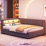 KEYIDE Polsterbett Schlafsofa 140x200 mit LED-Beleuchtung und Aufladen USB, Bettgestell mit Lattenrost aus Holz, Daybett Tagesbett Gästebett Jugendbett, Samtstoff, Ohne Matratze (Grau, 140 x 200)
