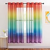 NICETOWN 2 Stücke Farbverlauf Gardinen Kinderzimmer H 175 x B 140 cm Vorhänge mit Buntem für Dekoschals Halbtransparente Voile Curtains mit Ösen, Regenbogen