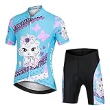 Amur Leopard Kinder Fahrrad Trikot Set Jungen Mädchen (Kurzarm Trikot & Kurz Radhose mit 3D Sitzpolster) Atmungsaktiv Radsport Bekleidung, Katze, 152-158(Herstellergröße: XXXL)