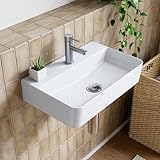 HOROW Waschbecken Wandmontage Keramik Weiß, Hängewaschbecken Rechteckig 46x30cm, Aufsatzwaschbecken mit Hahnloch ohne Überlauf, Handwaschbecken Klein Gäste WC
