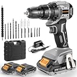 AKZWOXRO Akkuschrauber Bürstenlos 21V, Akku Bohrschrauber mit 2 Akkus 2.0Ah, 45N.m Akku Bohrmaschine, 2 Gang, 20+3 Drehmomentstufen, LED Licht, 14tlg Zubehöre Set für Garten DIY Projekt, Grau