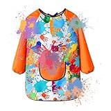 Malkittel für Kinder, Malschürzen für Kinder, wasserdicht, langärmelig, Kunstkittel, Kunstkittel für Kinder, mit flexiblen Bündchen zum Basteln, Malen, Schreiben, Orangefarbener Ärmel, Größe S (Höhe