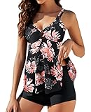 Genfien Damen Zweiteilig Badeanzug Push up Bademoden Bauchweg Tankini Set High Waist Beachwear Hotpants Badeanzug mit Zwei Trägern