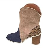 Celucke Damen Cowboy Mittelhohe Stiefel Mode Spitze Zehe Hoher Absatz Stiefeletten Retro Winter Wildleder Western Stiefel Schnellverschluss Dicke Absätze Biker Stiefel Outdoor Ritterstiefel