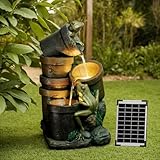 Solar Springbrunnen für Außen,3-stufiger Kaskaden-Frosch Kaskaden Solar Springbrunnen Gartenbrunnen mit LED-Beleuchtung für Drinnen und Draußen,Garten,Balkon,Terrasse,69×36.5×40cm