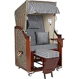 Webavita Strandkorb Mallorca aus Pinienholz | 1-Sitzer | Montiert | Geflecht Grau Bezug Anthrazit Gestreift | Halblieger | Beach Chair für den Garten Terrasse Balkon