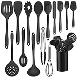 Joyfair Küchenhelfer Set, 15-teiliges Silikon Kochutensilien Kochbesteck Set, Hitzebeständiger Kochgeschirr mit Utensilienhalter, Antihaft Kochset Küchenutensilien, Spülmaschinenfest - Schwarz