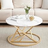 ZZINOKE Couchtisch Rund,Marmor Couchtisch mit Gold Metallrahmen,80cm Geräumiger Desktop,Wohnzimmertisch Modern,Beistelltisch Rund Weiß