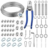 Angooni 30 m Stahlseil Set, Verdickt 3 mm Edelstahl Drahtseil, M5 Seilspanner Edelstahl Spannschloss, M5 Wandhaken, Stahlseil mit ösen, Rankhilfen für Kletterpflanzen, Gardinenseil, Zaun