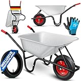 MASKO® Schubkarre Bauschubkarre Gartenschubkarre 100 Liter 250kg Luftreifen mit Stahlfelge + Ersatzschlauch Schubkarrenschlauch, verzinkt Stahlrahmen Garten Karre Schiebkarre Transportkarre Handschuhe