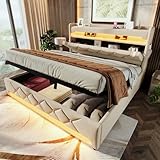 Polsterbett Doppelbett 180 * 200, Stauraum Kopfteil mit USB und Typ C-Port,360-Surround-LED-Funktion rund um Kopf- und Fußende des, Betten mit Hydraulisch Stauraum, Beige, Leinen(Ohne Matratze)
