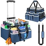 Große Roll-Reinigungs-Caddy-Tasche mit abnehmbarem Trolley, Reinigungswagen auf Rädern mit Schultergurt, Reinigungsmittel-Organizer für Haushälterinnen, Blau