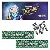 Granny's Slim Aktivkohlefilter Set 100 Stück & Long Papers 2 Stück | Ø 5.9 mm Filtertips | 108 x 45 mm organic King Size Long Papers | Kohlefilter für Selbstdreher (100 Filter Black + 2 Papers)