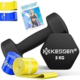 KESSER® Hanteln Hantelset 2er Set 2kg - 5kg farbig, Kurzhanteln Neopren, Hexagon, Krafttraining, Workout, Fitnesstraining, für Zuhause Mit Übungsheft, 2x Fitnessbänder