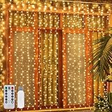 Ollny Lichtervorhang innen aussen, 3x3m 300 LED Lichterkette außen innen USB mit Fernbedienung Timer, dimmbar Lichterketten Vorhang für Fenster Weihnachten Schlafzimmer Wand(warmweiß)