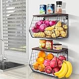 Mefirt Obstkorb Hängend 2 Etagere Obstkorb, Obstschale Hängekorb Küche, 2 Stück Küchenorganizer Mit Holzdeckel Drahtkorb Stapelbar & Wandmontierbar Zur Aufbewahrung Von Gemüse, Obst Und Snacks