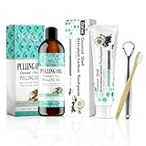 Natürliche Kokosöl Mundspülung 100ml Set mit Zungenschaber, 120g Aktivkohle-Zahnpasta & Zahnbürste, Mundwasser mit Kokosöl & Pfefferminzöl Mundziehöl Alkoholfrei gegen Mundgeruch für Frischen Atem