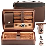 LIHTUN Zigarren-Humidor, Leder-Reise-Zedernhumidor mit 5-in-1-Multifunktions-Zigarrenfeuerzeug-Set, tragbarer Reise-Humidor und Feuchtigkeitsmesser