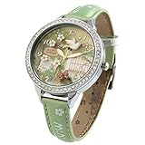 DREAMING Q&P Damen Analog Quarz Uhren mit Grün Echt Leder Armband und Edelstahl Frühling Garten Design WD291