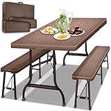 tillvex® Bierzeltgarnitur klappbar 3-teilig Set | Kunststoff Gartengarnitur wetterfest 180 cm | Gartenmöbel Set Indoor & Outdoor mit Gartentisch und Bänken | Festzeltgarnitur Rattan (Rattan/Braun)