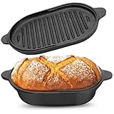 Gusseisen-Brot-Kastenform mit Deckel, vorbehandelt, 2-in-1-Ofentopf mit Pfannendeckel, 22,9 x 16,3 cm, Sauerteig-Brotbackform mit zwei Griffen für hausgemachtes Brot, Kochen und Braten, Schwarz