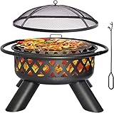 Kapler Feuerstelle, Grill, Brennholz, Heizung und Kochen, Feuerstelle, 95 cm, große Feuerstelle mit Grill, Outdoor-Holzverbrennung, Feuerstelle, Ausrüstung mit Netzfunkenschutz, Abdeckung und