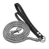 ATUMY Verstellbare Führleine Hundeleine Goldene Silberne Edelstahlkette mit schwarzer Lederleine für das Training von Haustieren(Silver-100cm)