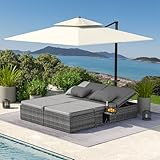 UDPATIO Rattan Sonnenliege Liegestuhl Garten 2 Personen, 5-Fach Verstellbar mit Klapptisch Wetterfest Polyrattan Gartenbett Grau-meliert & Dunkelgraue Bezüge, 200x160cm