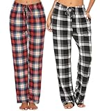 Ekouaer Schlafanzughosen Damen Pyjamahose Freizeithose Lockerer Karierte/Unifarbe Weich Gemütlich Schlafhose Stretch Kordelzug Yogahose Lounge Hom mit Taschen Rot Schwarz Weiß S