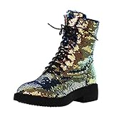 LUXMAX Damen Stiefeletten mit Pailletten, Glitzer, klobig, zum Schnüren, gold, 36.5 EU