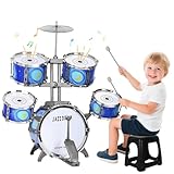 Kinder Schlagzeug Spielzeug von 3-7 Jahre - Kinderspielzeug Schlagwerk Drumset mit Hocker Musikspielzeug Weihnachten Geburtstag Geschenk für Kleinkinder Jungen Mädchen, Blau