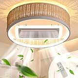 Leise Deckenventilator mit Beleuchtung und Fernbedienung 60W LED Dimmbar Rattan Bambus Deckenlampe mit Ventilator 50CM Blattloser Ventilator Deckenleuchte für Wohnzimmer Schlafzimmer Küche Fan Licht