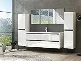 Badmöbel Set Hochglanz mit Schubladen Glas ablage (Dennis Weiss, 120 cm Einzelbecken 2X Hochschrank)